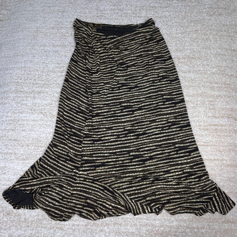 Mirasol Skirt Womens Large Black Beige Striped Ruffle Hem Stretch Boho Style